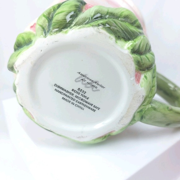 American Atelier Rose Toile Floral Petal Cup Mug Set Of 2 Pink #5232 Hand Paint - Picture 6 of 10